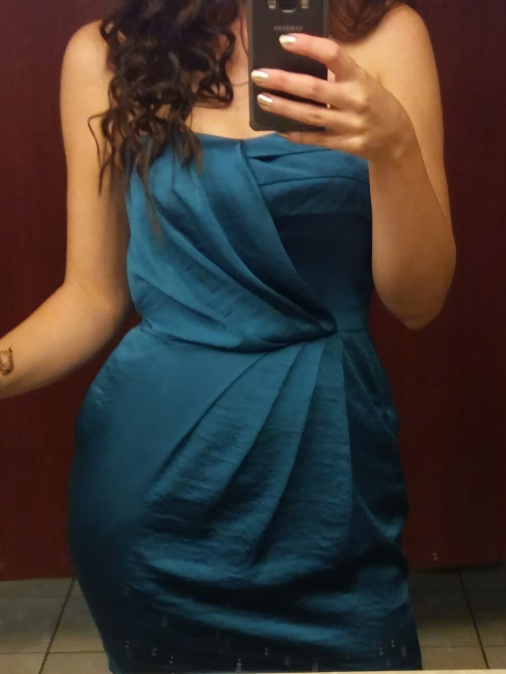 BCBGeneration Teal Strapless Pleated Satin Cocktail Dress